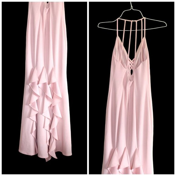 Betsy Adams Ruffled Maxi Dress baby Pink Size 12 Strappy Gown Bodycon Made In US - Picture 5 of 12
